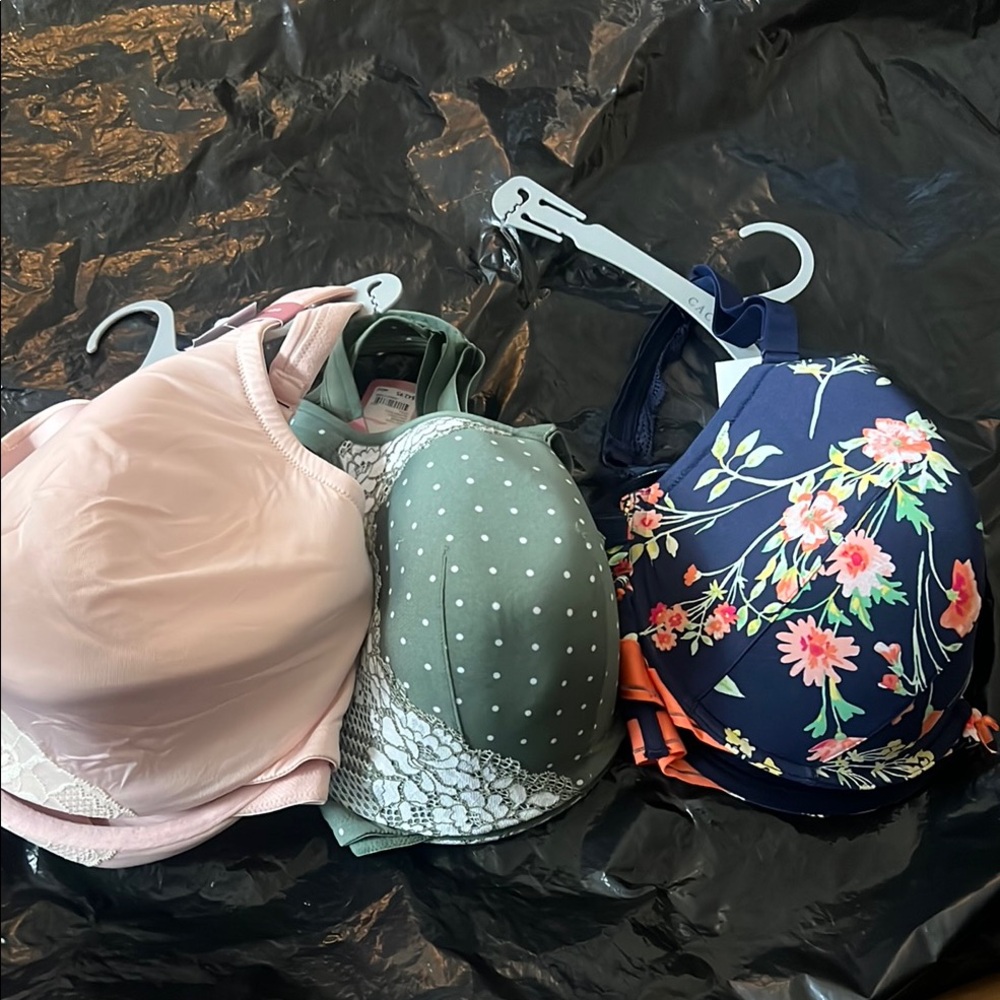 Cacique Pink, Green, and Navy Bra Trio